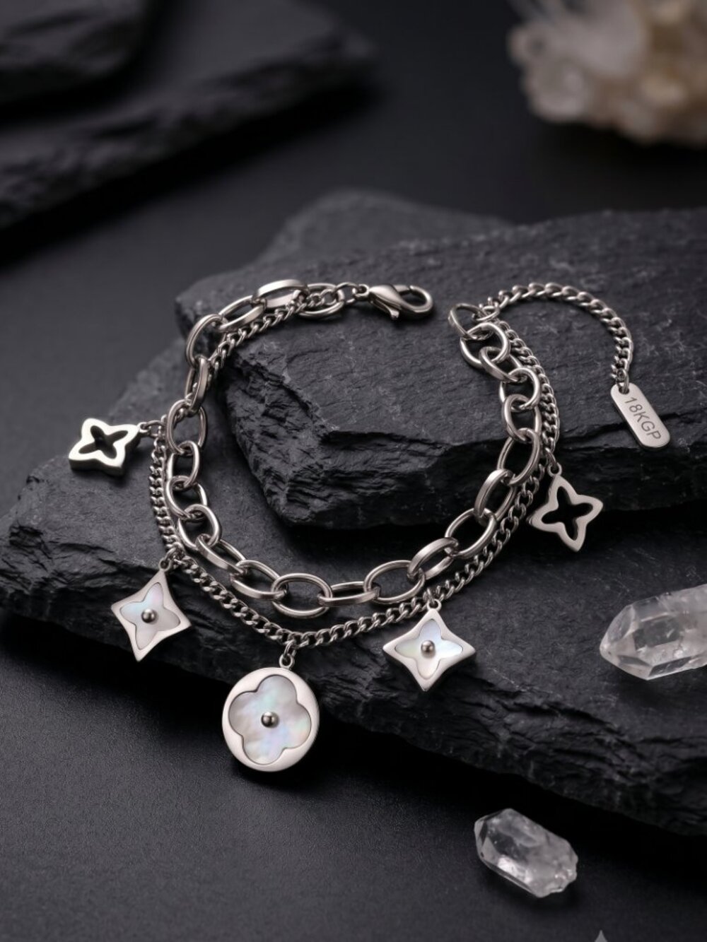 18K White Gold SS MOP Geometric Charm Bracelet Double Chain Quiet Luxury Adj - Picture 9 of 13